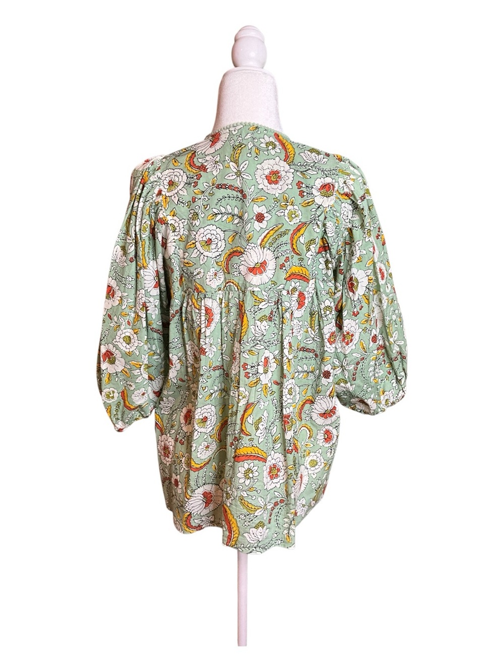 Printfresh Mint Green Floral Smocked Tunic with Tassel Ties, size L - Picture 4 of 7